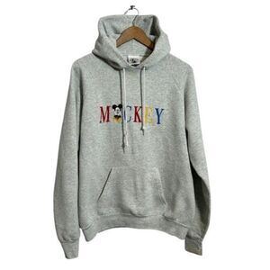 VTG 90s Disney Mickey Mouse Hoodie L Gray Embroidered Pullover Sweatshirt